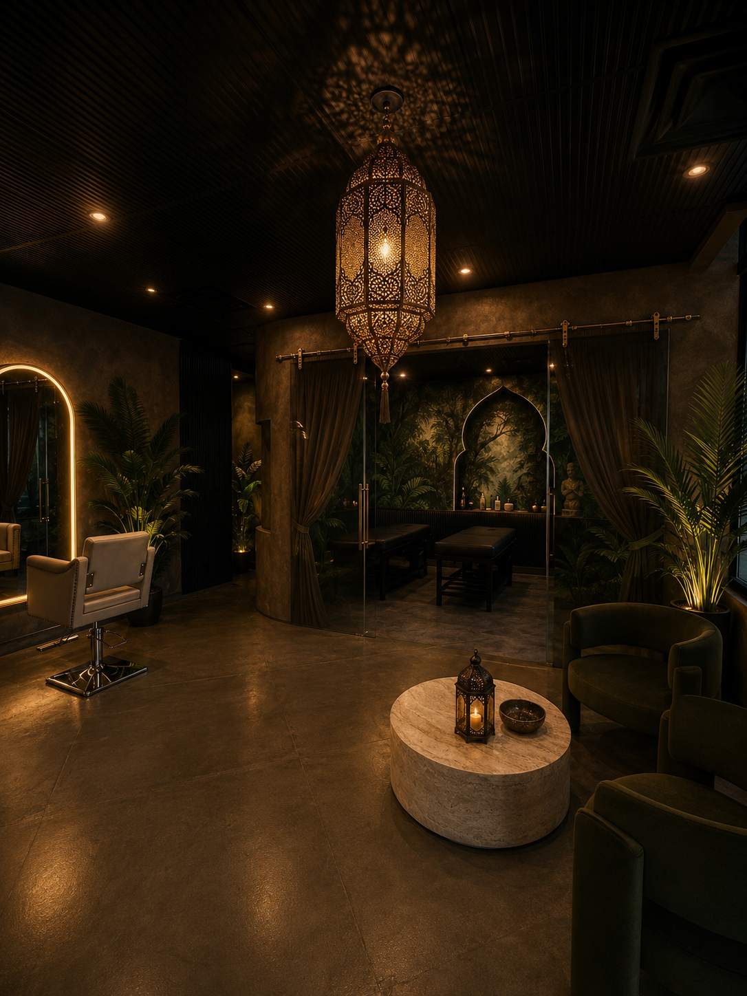Main lounge interior of The Temple Head Spa in Las Vegas with warm amber lighting, stone surfaces, and sculptural seating